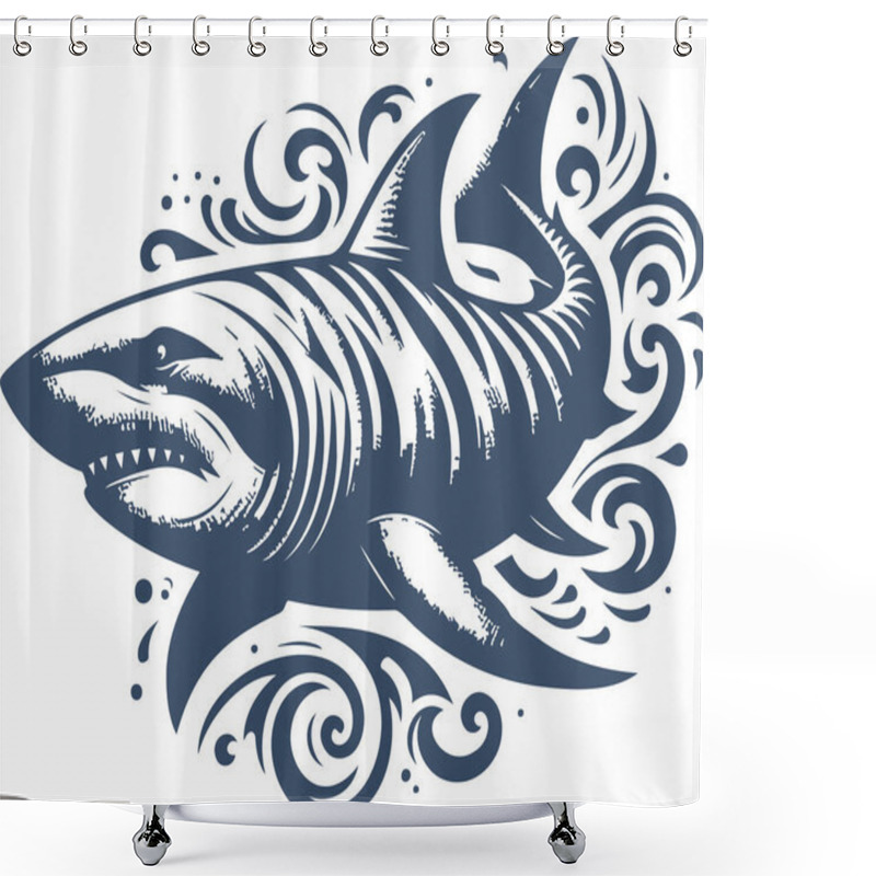 Personality  Elegant Navy Blue Shark Art Design With Decorative Swirl Pattern Shower Curtains