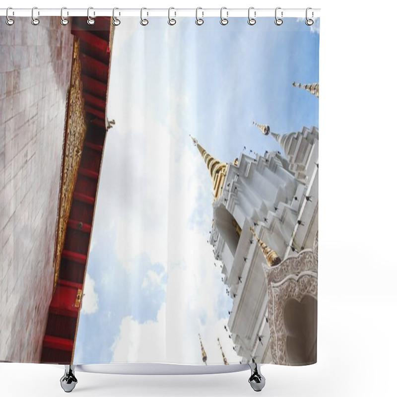 Personality  Bottom View Of Beautiful Thai Temple On Sunny Day Shower Curtains