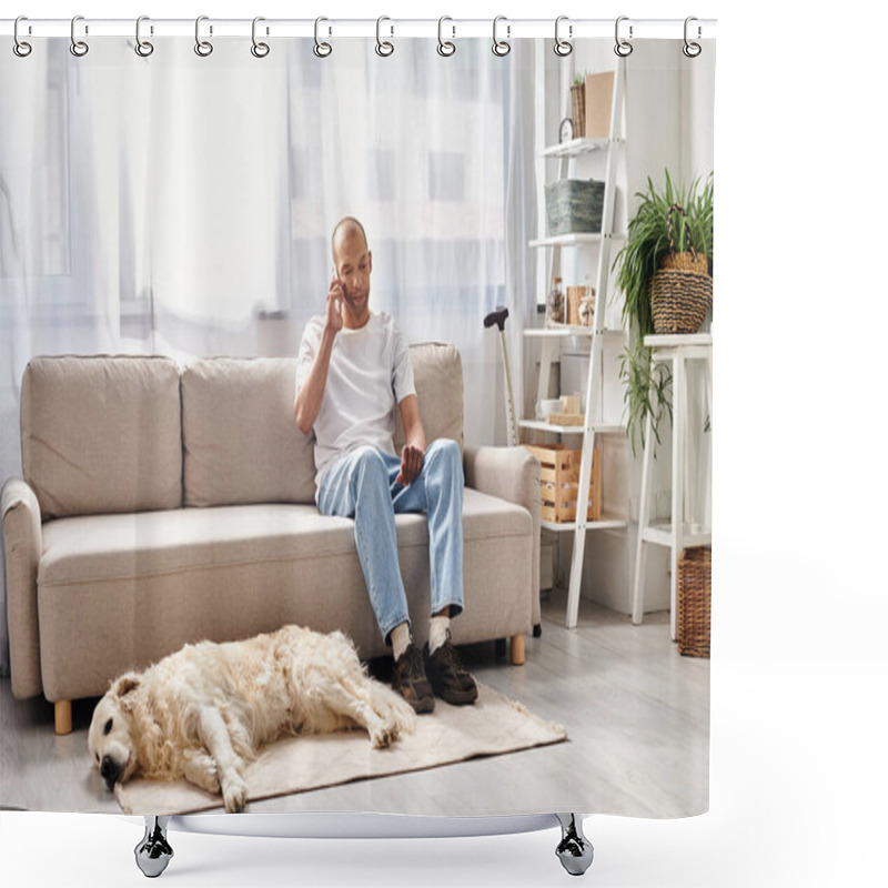 Personality  An African American Man With Myasthenia Gravis Sits On A Couch, Accompanied By His Loyal Labrador Dog In A Cozy Setting. Shower Curtains