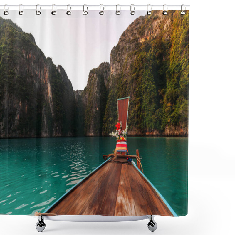 Personality  Old Wooden Boat On Asian Islands. Asian Islands. Thai Phi Phi Islands. Thai Wooden Boat. Boat In The Bay. Travelling To Asia. Travel To Thailand. Lagoon On The Island. Boating Around The Island Shower Curtains