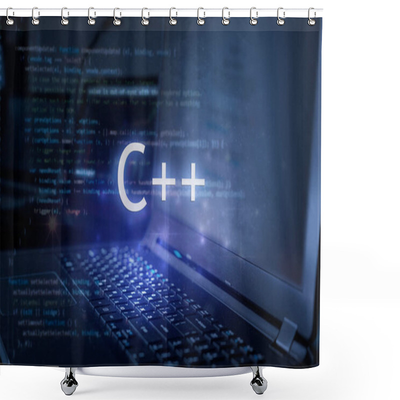 Personality  C++ Inscription Against Laptop And Code Background. Learn C++ Programming Language, Computer Courses, Training.  Shower Curtains