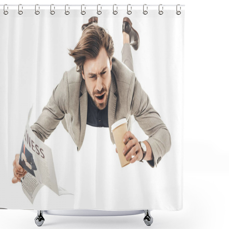 Personality  Handsome Young Businessman With Newspaper And Paper Cup Of Coffee Falling Isolated On White Shower Curtains