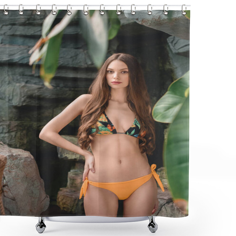 Personality  Beautiful Slim Girl In Bikini Posing In Tropical Garden Shower Curtains