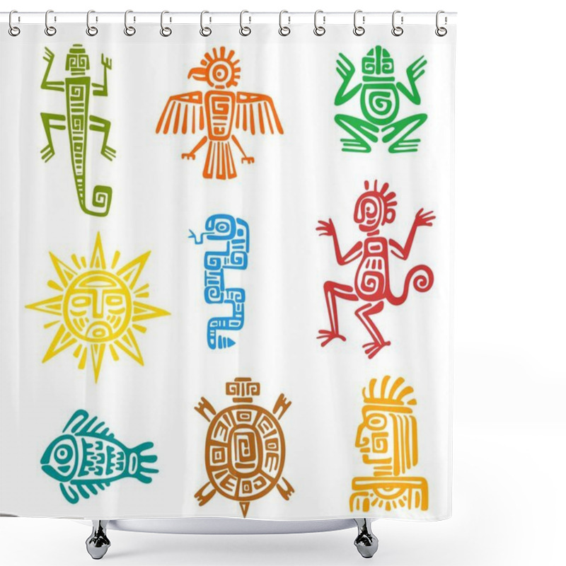 Personality  Mayan Aztec Totem With Isolated Vector Symbols Of Animals And Birds. Ancient Mexican Tribal Eagle, Snake, Turtle And Lizard, Aztec God, Pyramid, Sun And Monkey, Fish, Frog, Raven With Ethnic Pattern Shower Curtains