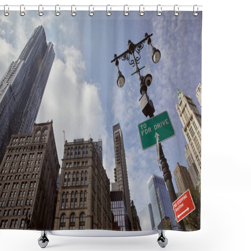 Personality  Street Pole With Lanterns And Traffic Signs Against Skyscrapers In New York City, Low Angle View Shower Curtains