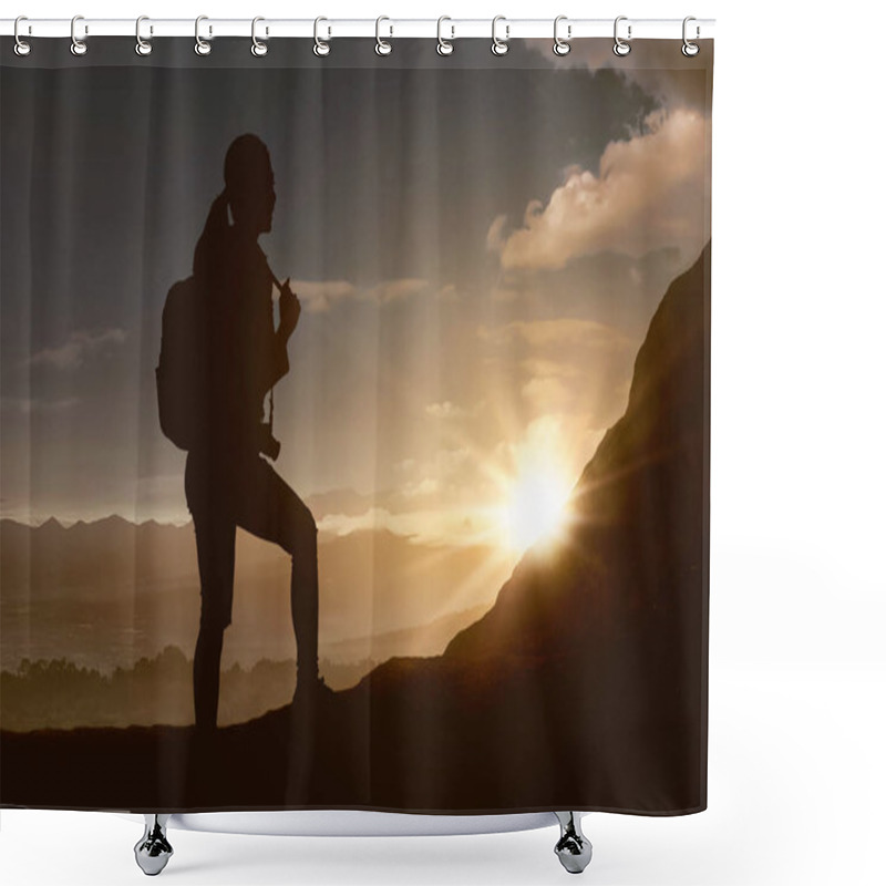 Personality  Silhouette Of Traveler Woman Hiking The Mountain At Sunset  Shower Curtains