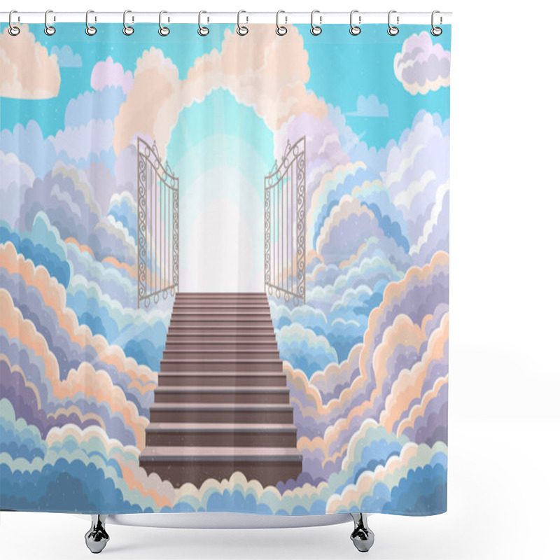 Personality  Entrance To Paradise, Open Gate. Staircase Leading To To The Wrought Iron Gates.background With Fluffy Clouds. Stairs Up. Vector Cartoon Illustration. Shower Curtains