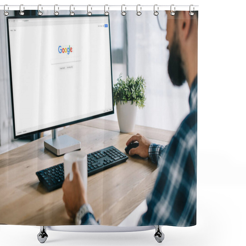 Personality  Cropped Shot Of Man With Cup Of Coffee Using Computer With Google Website On Screen Shower Curtains