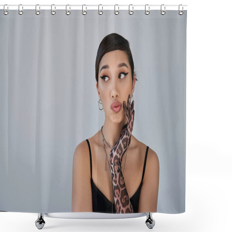 Personality  Portrait Of Fashionable Asian Woman With Skeptical Face Expression Looking Away On Grey Background, Brunette Hair, Silver Accessories, Animal Print Glove, Black Dress, Trendy Spring Concept Shower Curtains