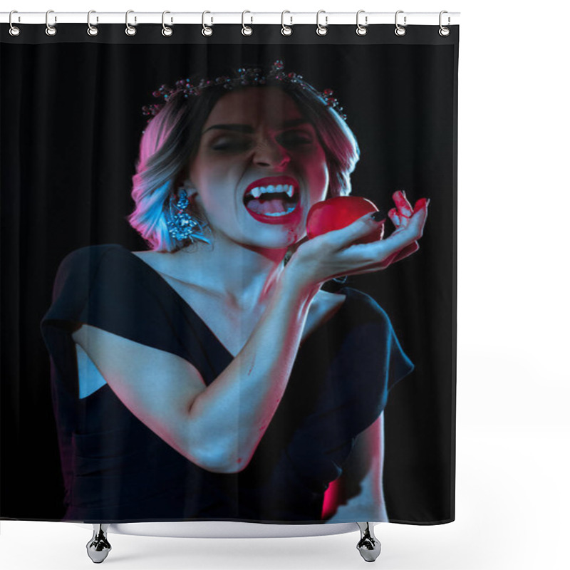 Personality  Vampire Bitting Red Bloody Apple Isolated On Black Shower Curtains