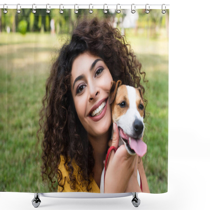 Personality  Selective Focus Of Joyful Woman Looking At Camera And Holding Dog Shower Curtains