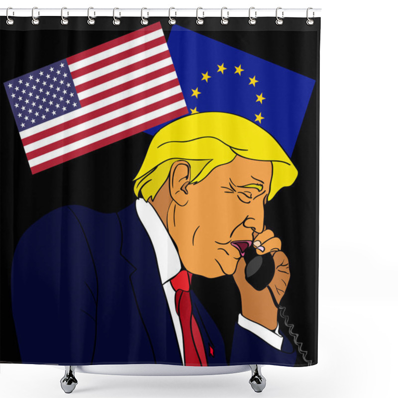 Personality  NOV, 2016: President Of United States Donald Trump Is Talking On The Phone.   Holding A   US Flag Background.    Has An Important Conversation. Shower Curtains