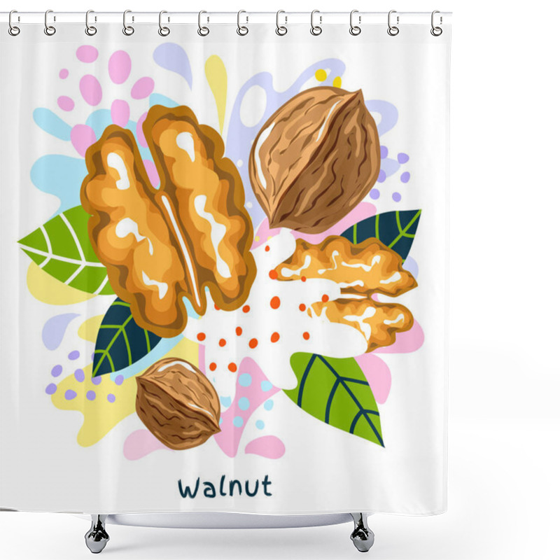 Personality  Fresh Walnut Juice Splash Organic Food Condiment Spice Splatter. Spicy Herbs Nuts. Abstract Colorful Art Splatter Splash Background. Vector Hand Drawn Illustration Shower Curtains