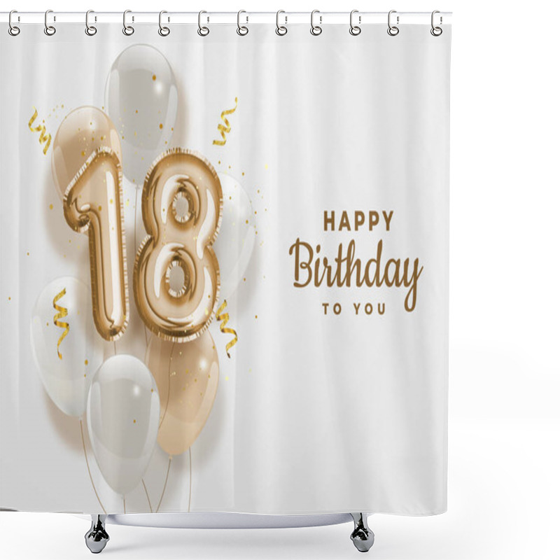 Personality  Happy 18th Birthday Gold Foil Balloon Greeting Background. 18 Years Anniversary Logo Template- 18th Celebrating With Confetti. Vector Stock. Shower Curtains