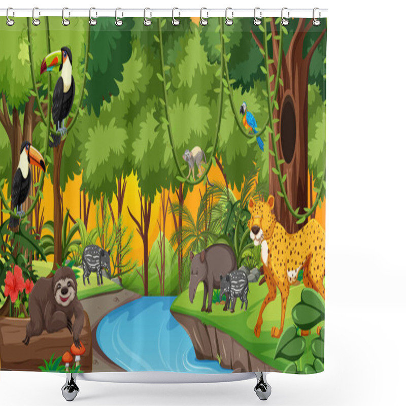 Personality  Forest At Sunset Time Scene With Different Wild Animals Illustration Shower Curtains