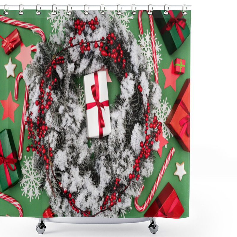 Personality  Top View Of Juniper Wreath, Covered With Snow, Near Gift Boxes And Candy Canes On Green Shower Curtains