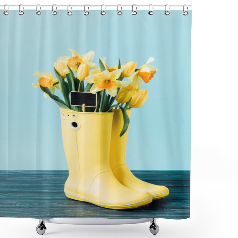 Personality  Close Up View Of Yellow Tulips And Narcissus Flowers With Empty Chalkboard In Rubber Boots On Blue Shower Curtains