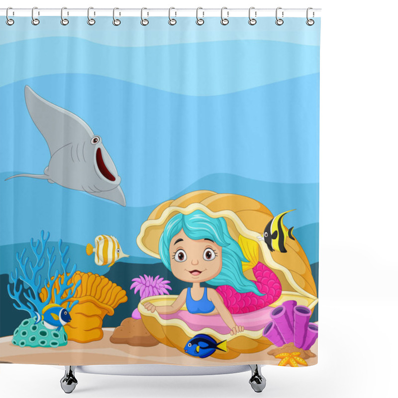 Personality  Vector Illustration Of Cartoon Little Mermaid In The Underwater World With Open Pearl Shell And Tropical Fish Shower Curtains