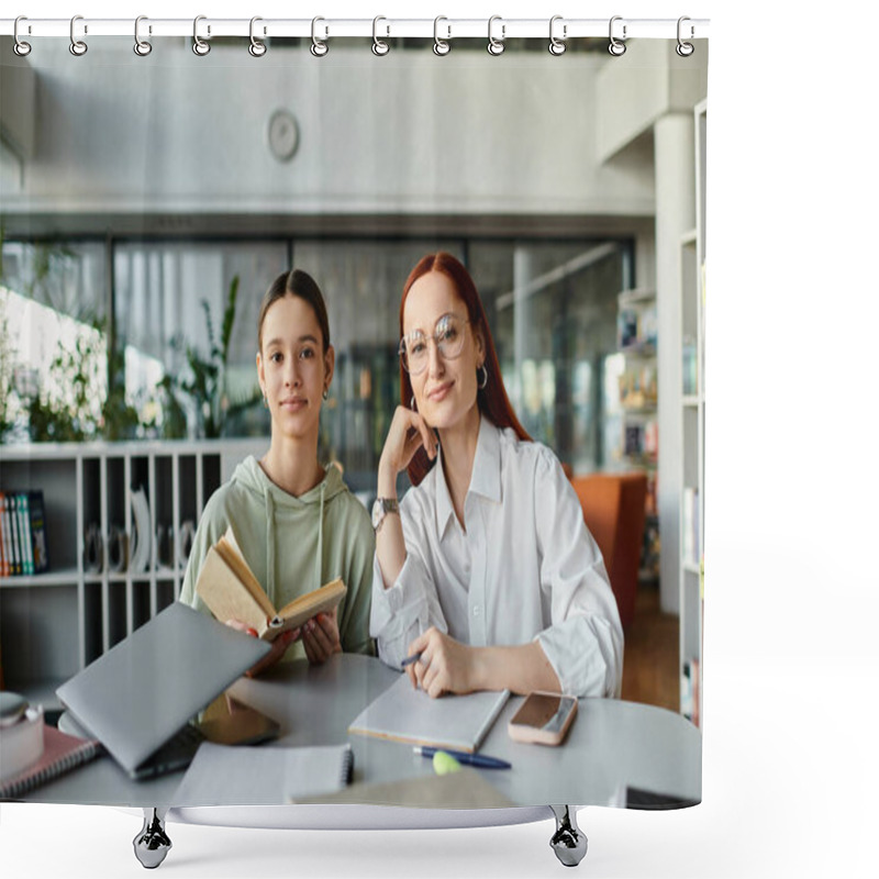 Personality  A Redhead Woman Is Tutoring A Teenage Girl, Both Engrossed In After-school Studies At A Table In A Library. Shower Curtains