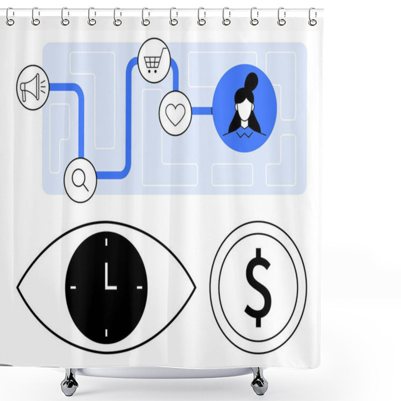 Personality  Path Connecting Shopping Cart, Heart, And User Profile On A Maze With Magnifying Glass, Clock-eye, And Dollar Icons. Ideal For Marketing, Ecommerce, UX Design, Strategy Analytics Time-value Shower Curtains