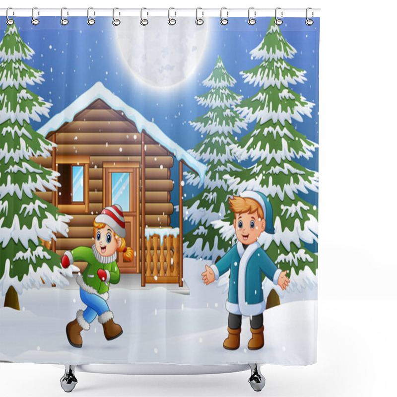 Personality  Happy Kids To Wear Winter Clothes And Play In Front Of A Snowy Wooden House Shower Curtains