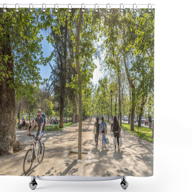 Personality  Santiago, Chile - Oct 1st 2017 - A Guy In A Bicycle And A Group Of People Walking In A Open Air Public Park In Santiago Del Chile, Capital Of Chile Shower Curtains