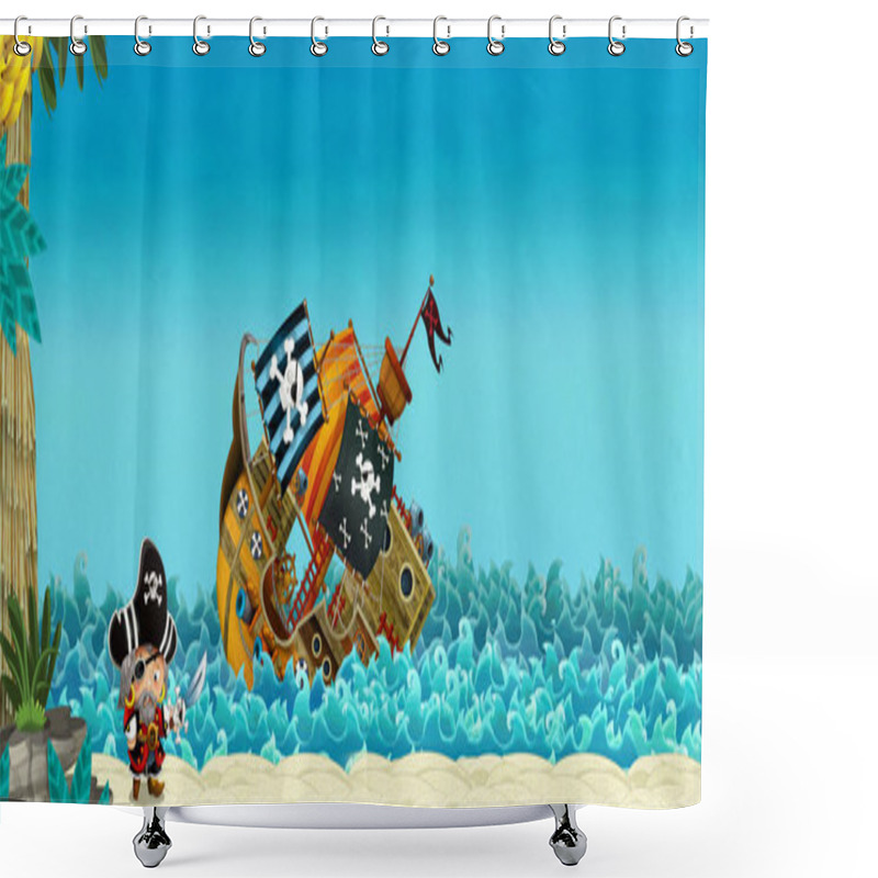 Personality  Cartoon Scene With Pirates On The Sea Battle With Sinking Ship - Illustration For The Children Shower Curtains