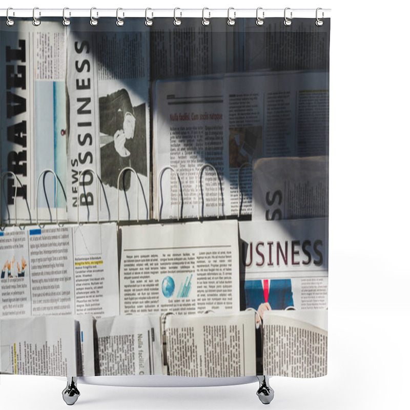 Personality  Different Print Business And Travel Newspapers On Stand In Sunshine Shower Curtains