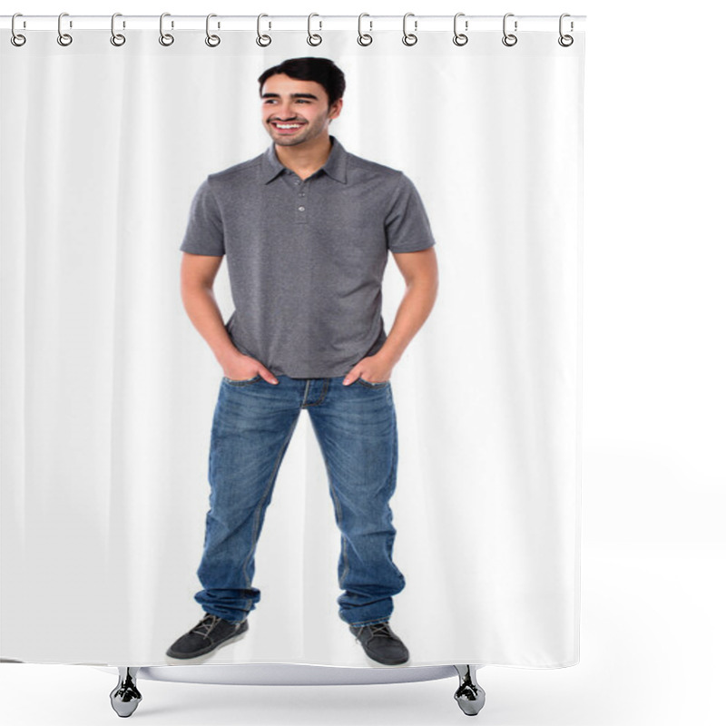 Personality  Casual Studio Shot Of Happy Young Guy Shower Curtains