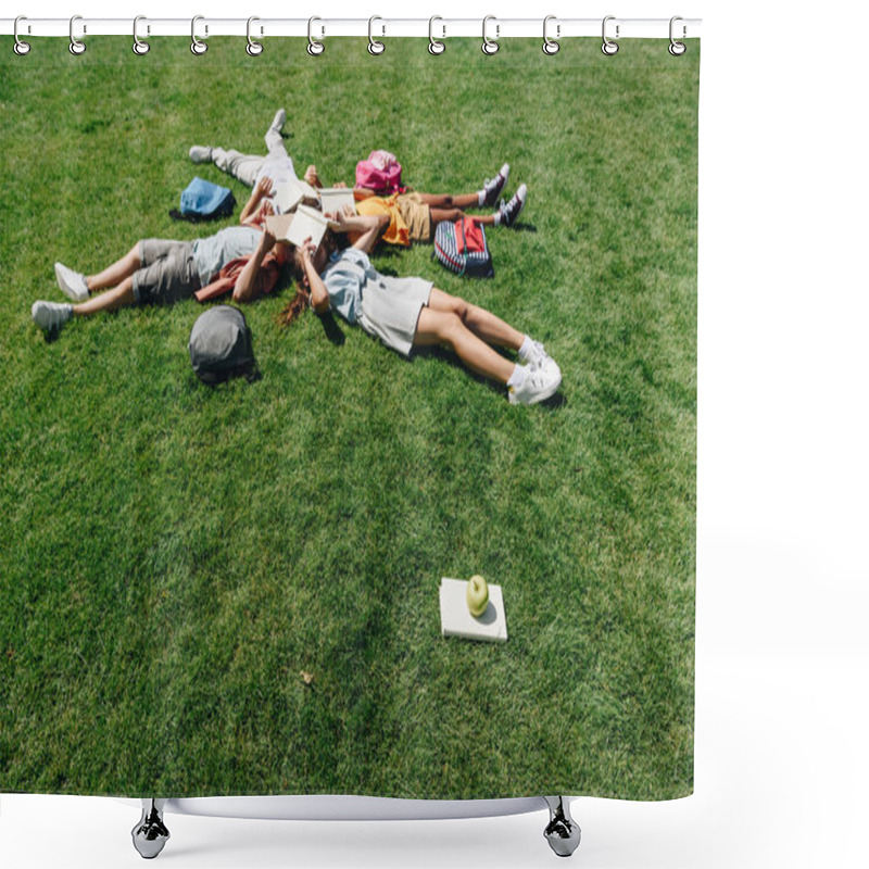 Personality  Four Multicultural Schoolkids Lying On Lawn And Covering Faces With Books Shower Curtains