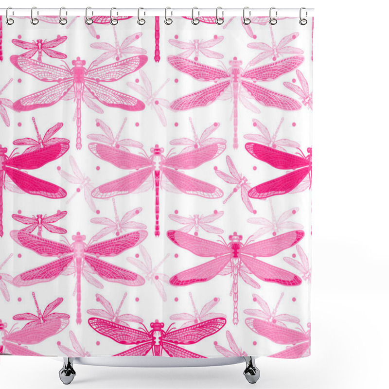 Personality  Hand Drawn Stylized Dragonflies Seamless Pattern For Girls, Boys, Clothes. Creative Background With Insect. Funny Wallpaper For Textile And Fabric. Fashion Style. Colorful Bright Shower Curtains