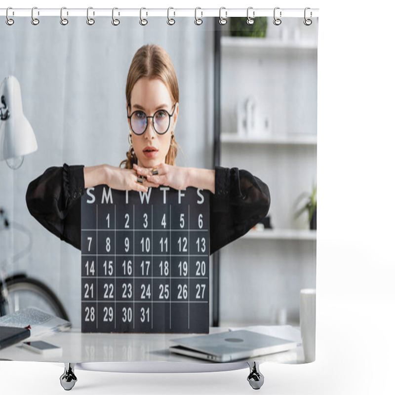 Personality  Beautiful Businesswoman In Black Clothes And Glasses Sitting On Chair And Holding A Calendar Shower Curtains