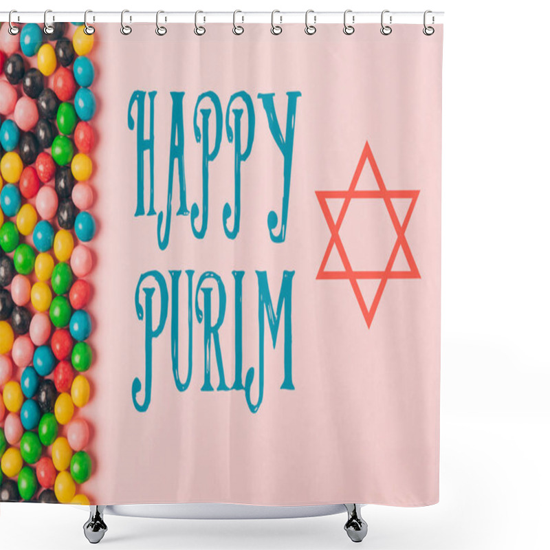 Personality  Top View Of Arranged Candies Isolated On Pink, Purim Holiday Concept Shower Curtains