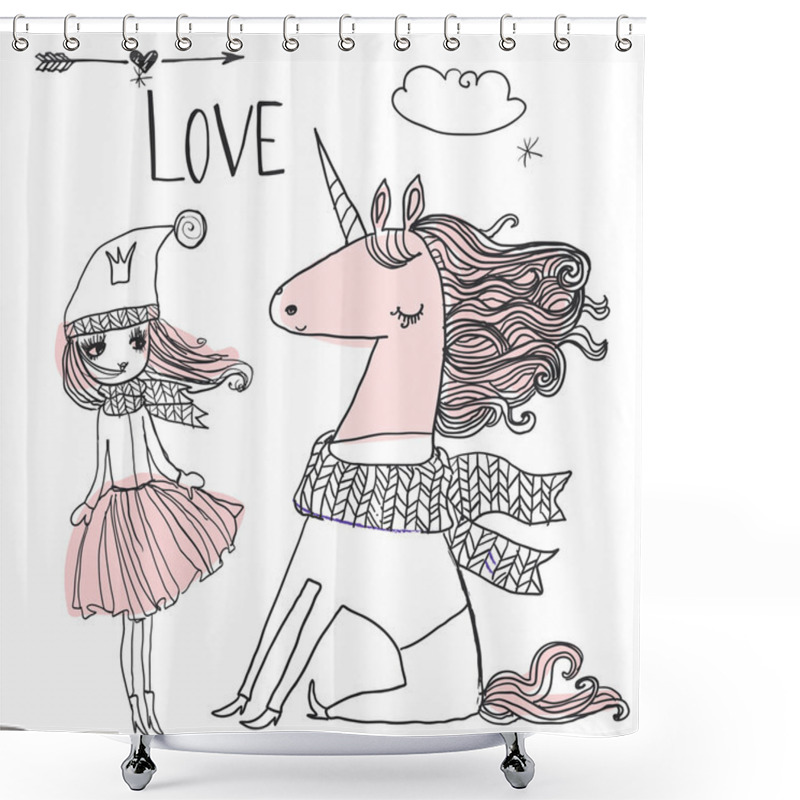 Personality  Doodle Princess With Unicorn Shower Curtains