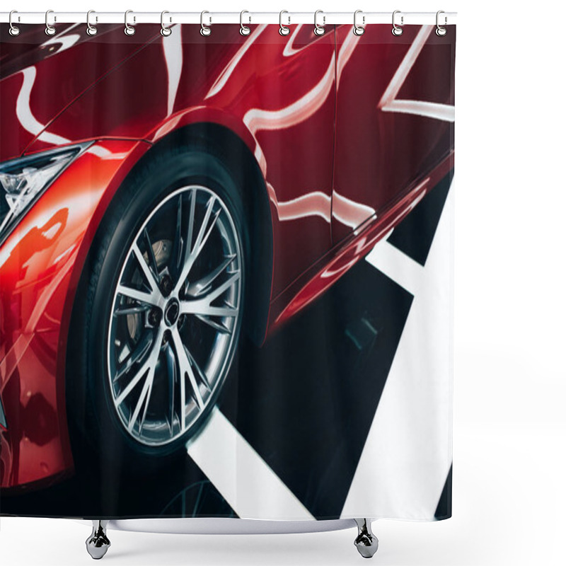 Personality  Shiny New Red Automobile With Metallic Wheel In Car Showroom  Shower Curtains