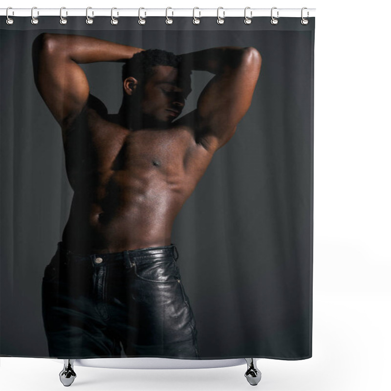 Personality  In A Striking Pose, A Young African American Man Showcases His Impressive Physique While Playfully Holding His Arms Behind His Head. Shower Curtains