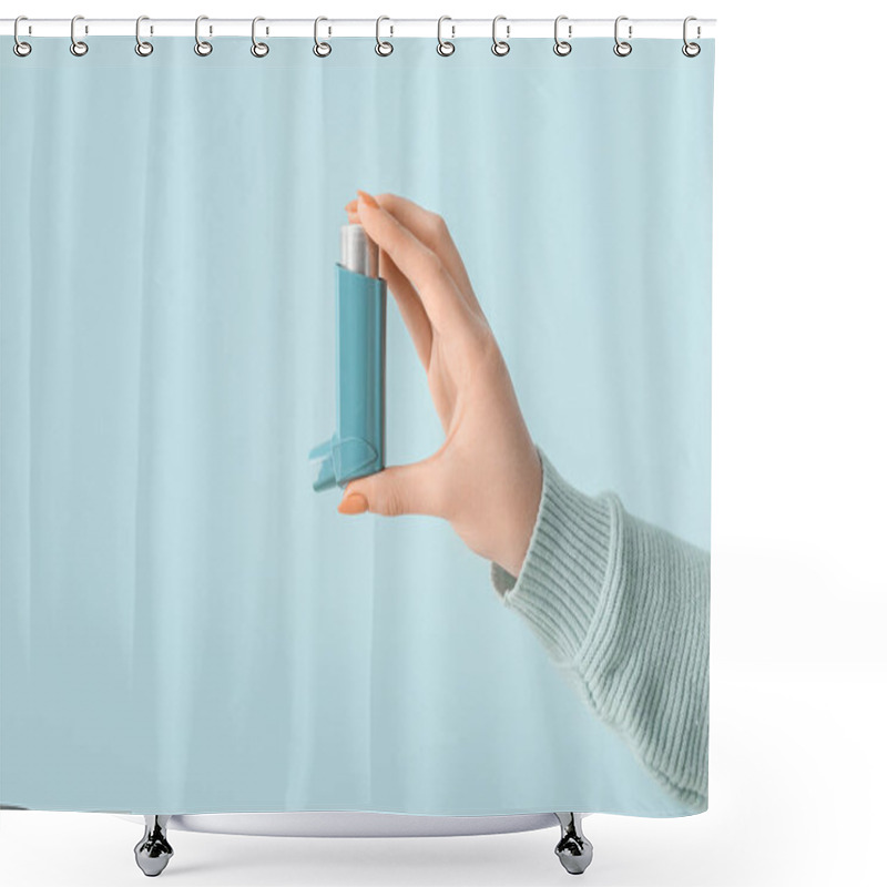 Personality  Woman Holding Asthma Inhaler On Blue Background Shower Curtains