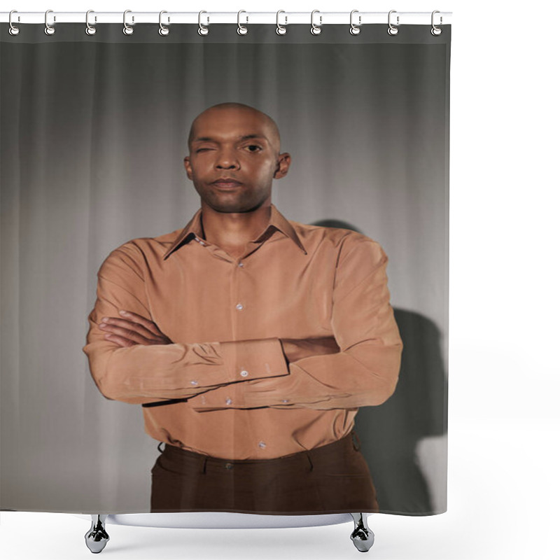 Personality  Real People, Bold African American Man With Myasthenia Gravis Standing With Folded Arms On Grey Background, Dark Skinned Person In Shirt, Smart Casual, Diversity And Inclusion, Physical Impairment  Shower Curtains