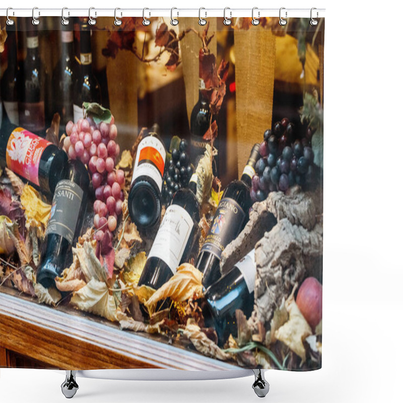 Personality  17 OCTOBER 2018, PIENZA, ITALY: Montalcino Wines For Sale At Local Market In Tuscany Shower Curtains