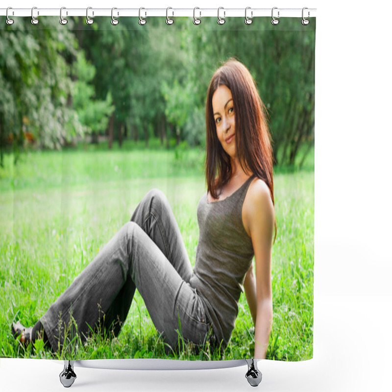 Personality  Spring Beauty Girl. Beautiful Young Woman Lying On Green Grass Outdoor. Park. Meadow. Summer. Spring Girl Lying On The Field. Shower Curtains