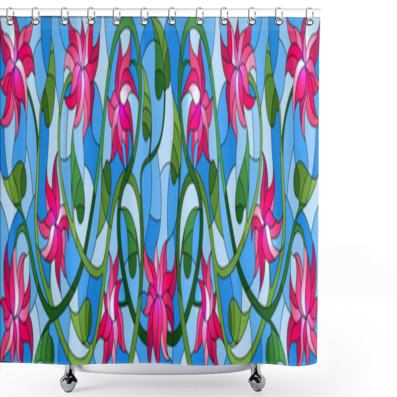 Personality  Illustration In Stained Glass Style With Intertwined Pink Flowers And Leaves On Blue Background, Horizontal Orientation Shower Curtains