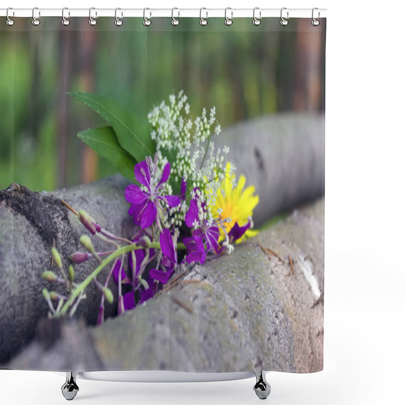 Personality  A Bouquet Of Wild Wildflowers On A Blurred Forest Background. Shower Curtains