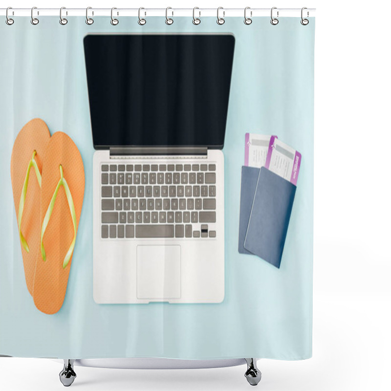 Personality  Top View Of Laptop With Blank Screen, Flip Flops And Passports With Air Tickets On Blue Background Shower Curtains