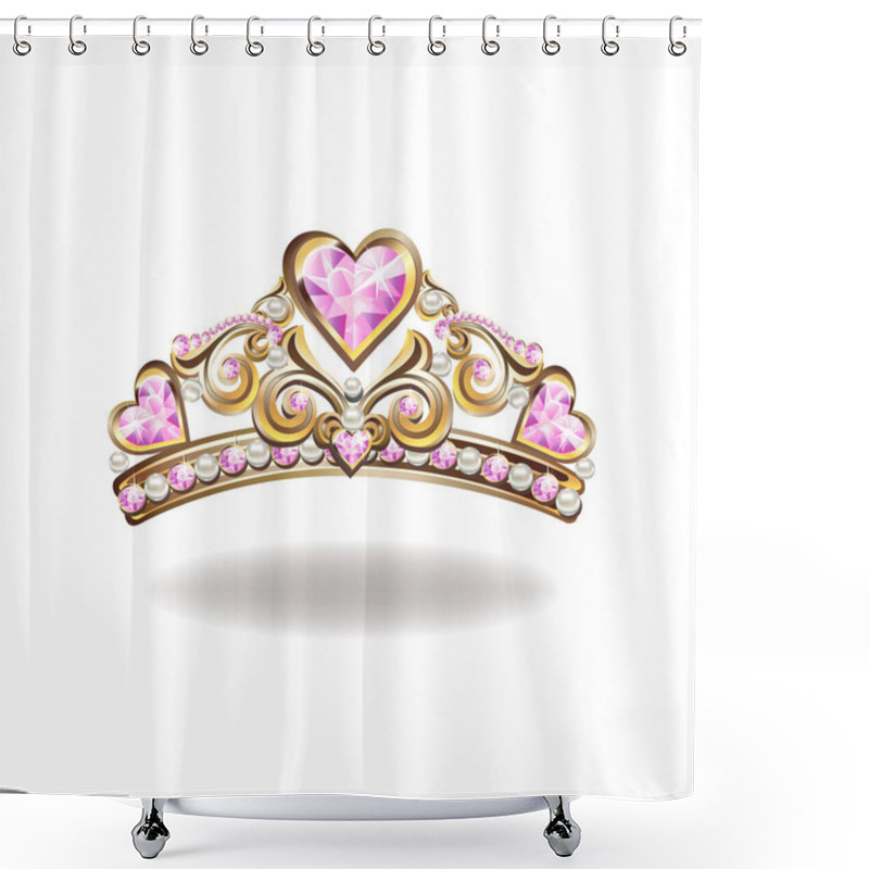 Personality  Princess Crown Or Tiara With Pearls And Pink Gems In The Shape Of A Heart Vector Illustration Isolated On White Background. Shower Curtains