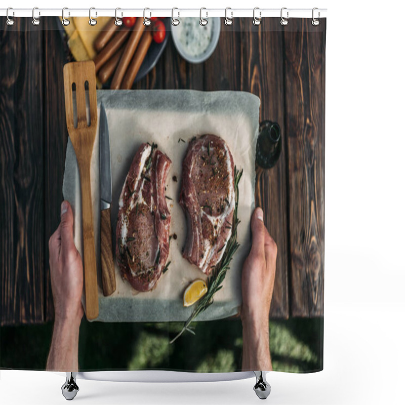 Personality  Raw Ribeye Steaks With Spices Shower Curtains