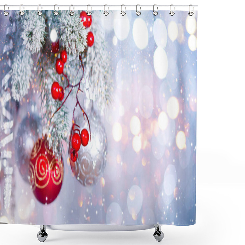 Personality  Christmas Decoration Balls With Fir Branches Against Blurred Silver Background Shower Curtains