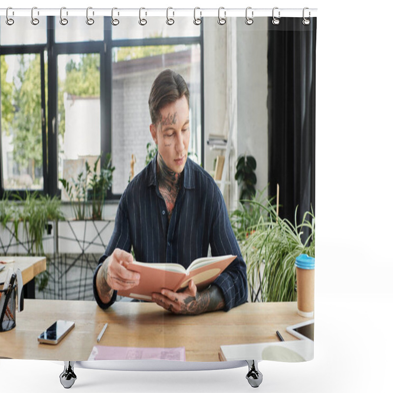 Personality  A Coworker Studies A Book Intently While Surrounded By A Vibrant Office Atmosphere. Shower Curtains