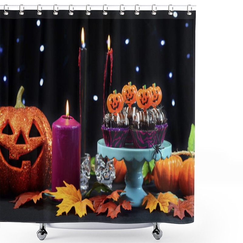 Personality  Halloween Party Table With Chocolate Cupcakes, Spiders, Pumpkins Shower Curtains