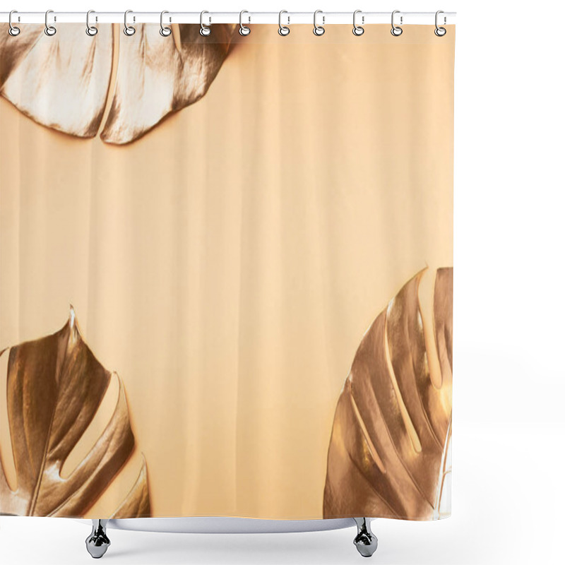 Personality  Floral Minimal Style Concept. Exotic Summer Trend. Golden Tropical Palm Monstera Leaf On Nude Color Background. Shiny And Sparkle Design, Fashion Concept. Shower Curtains