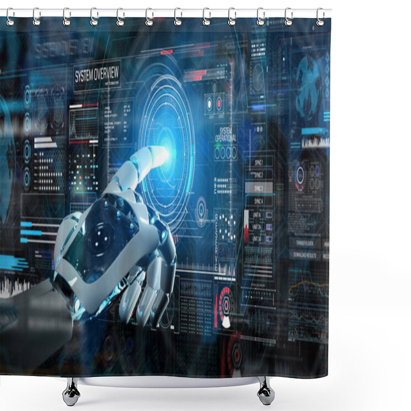 Personality  Intelligent Robot Machine Using Digital Screens Interface With His Hands 3D Rendering Shower Curtains